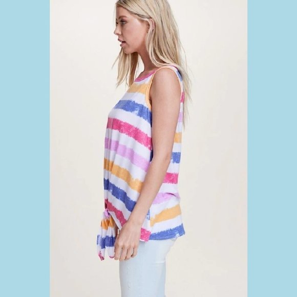 IVORY MULTI STRIPE TIE HEM SLEEVELESS TANK TOP - Picture 3 of 3